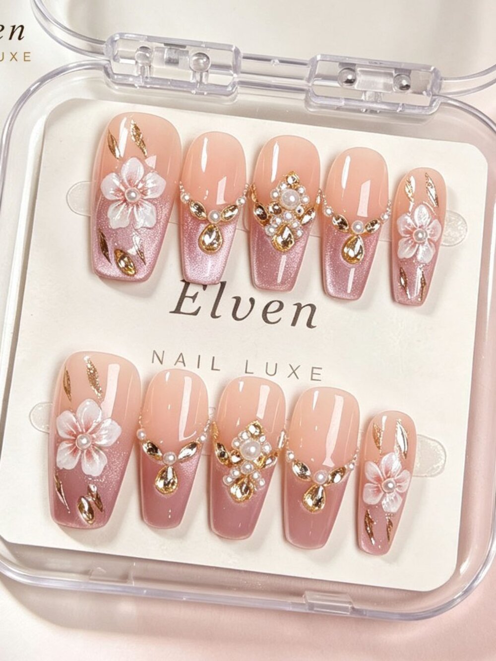 Elegant Pink Cat‑Eye Medium Coffin Press On Nails | 3D Flower Pearl Gold Rhinest